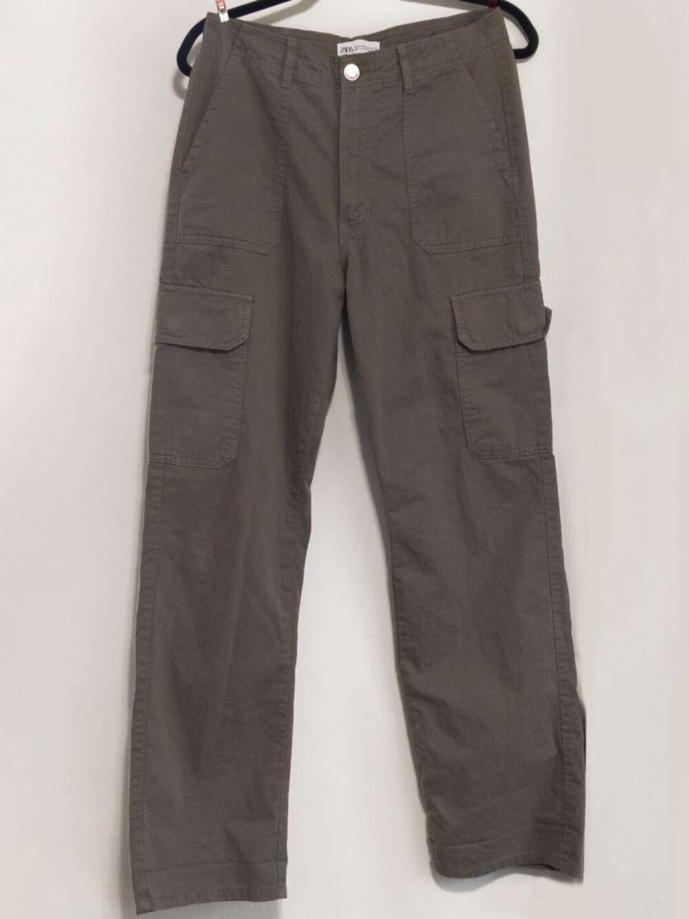 ZARA Wide Leg Cargo Pants Beige Size 6 EU 38 Dark Khaki Casual Y2K Relaxed Fit - Picture 1 of 4